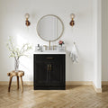 ARIEL Hepburn 30-inch Bathroom Vanity with Sink,Solid Wood, 1.5-inch Carrara White Quartz Countertop & Backsplash, Single Rectangular Porcelain Sink, 2 Soft Closing Doors, 1 Dovetail Drawers, Black