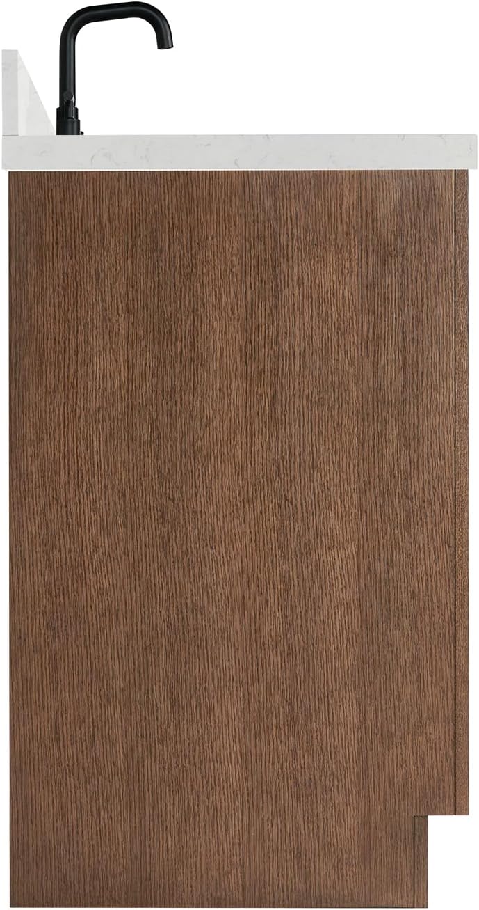 ARIEL Hepburn 30-inch Bathroom Vanity with Sink,Solid Wood, 1.5-inch Carrara White Quartz Countertop, Single Rectangular Porcelain Sink, 2 Soft Closing Doors, 1 Dovetail Drawers, Brown Oak