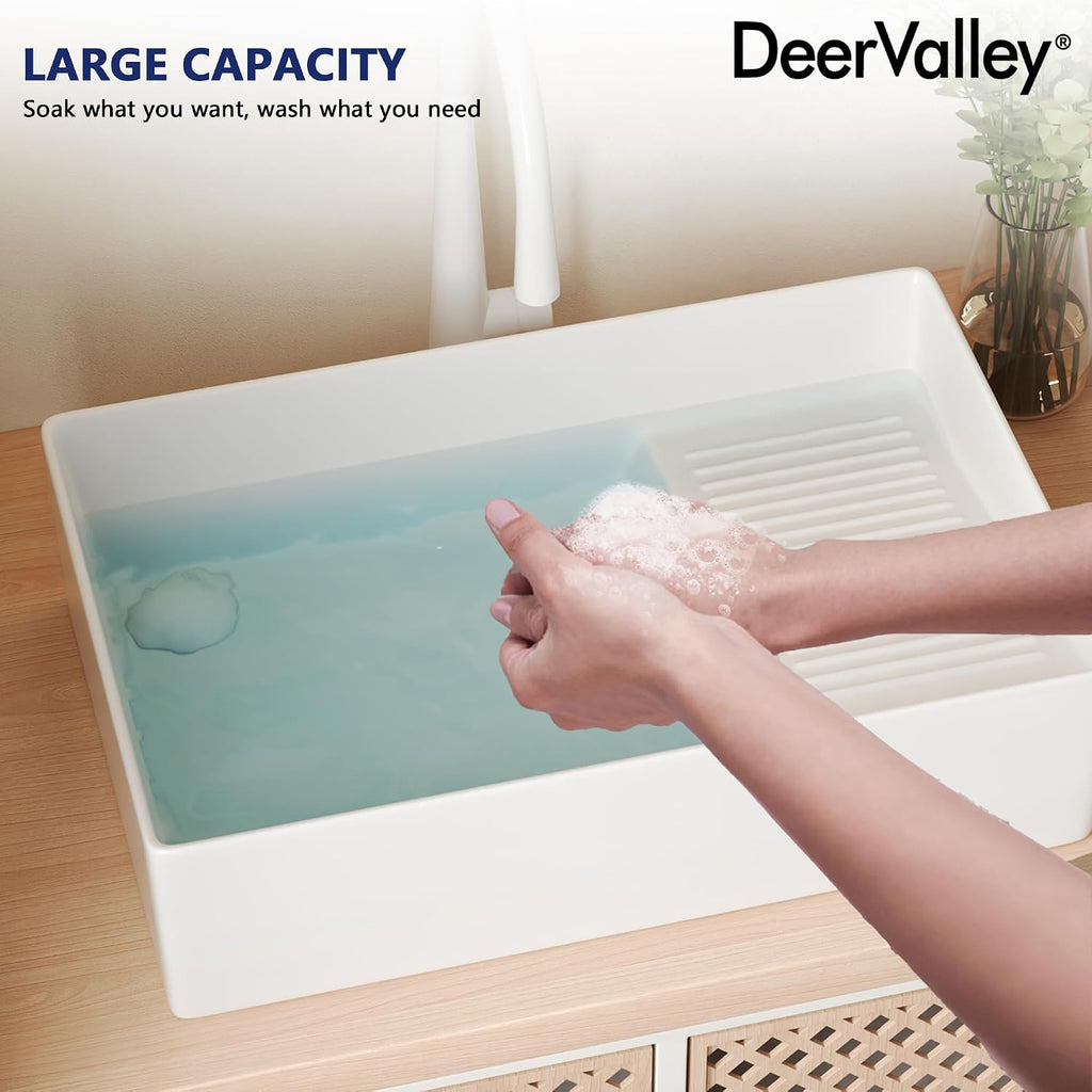 DeerValley 24x15 Inch Utility Vessel Sink, White Ceramic Rectangular Basin with Built-In Washboard and Side Drain, Laundry or Bathroom Sink, DV-1V0321