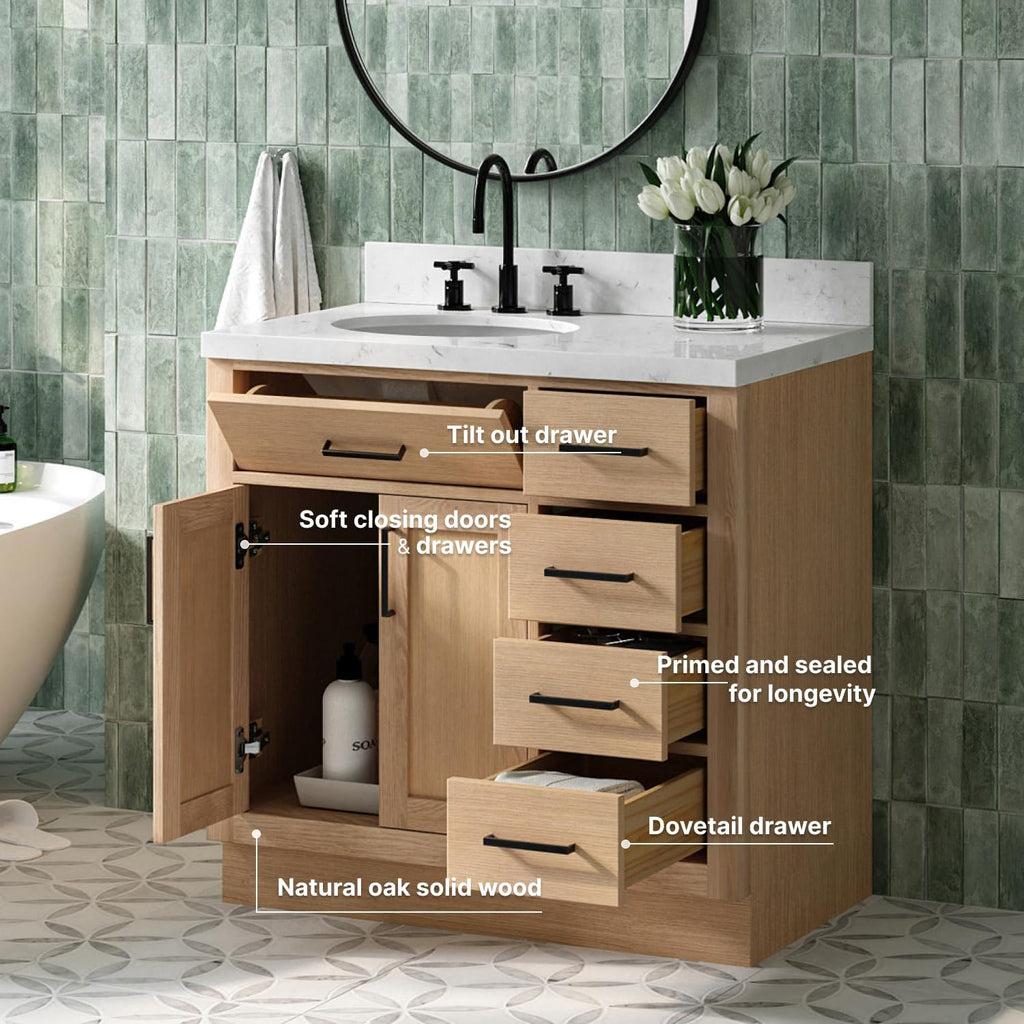 ARIEL Hepburn 36-inch Bathroom Vanity Base Cabinet,Solid Wood, 2 Soft Closing Doors, 5 Dovetail Drawers, White Oak