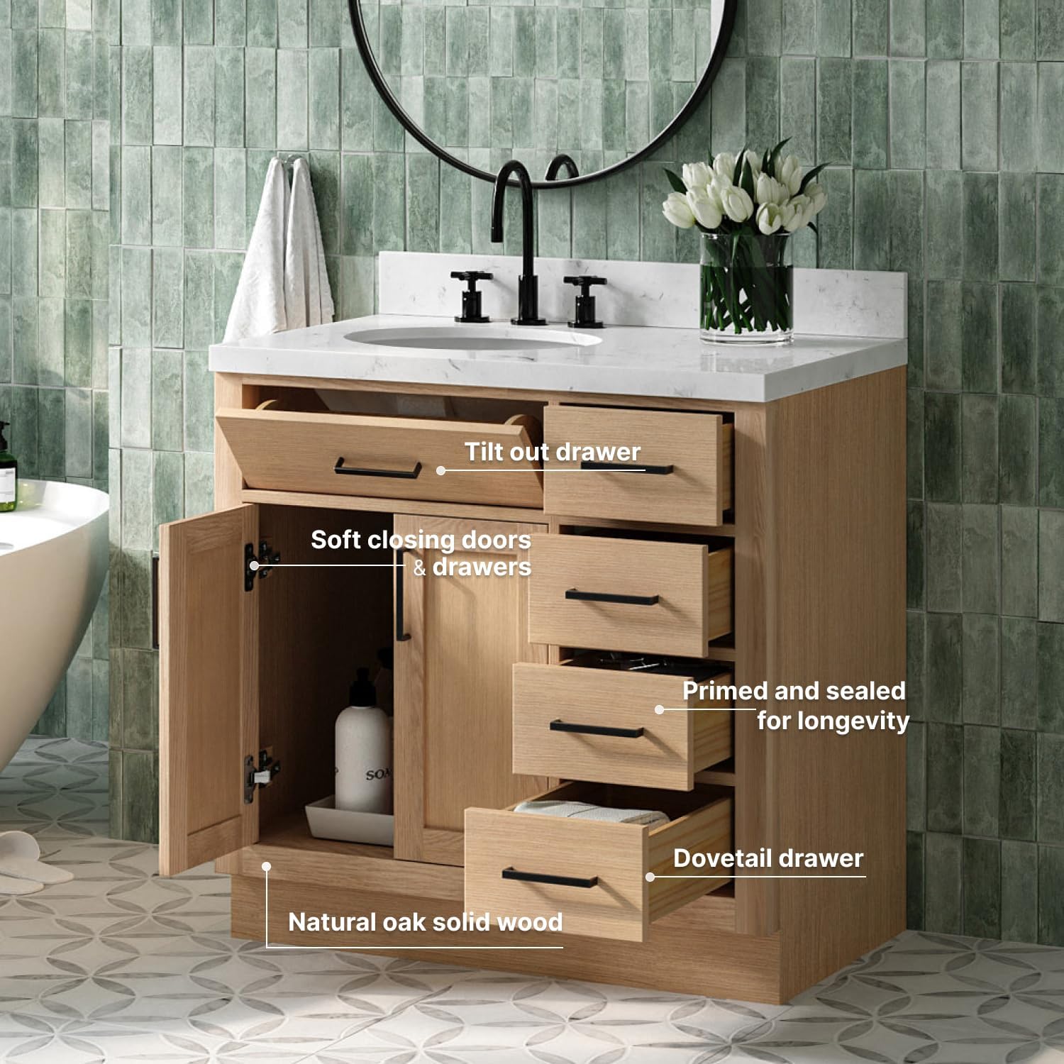 ARIEL Hepburn 36-inch Bathroom Vanity Base Cabinet,Solid Wood, 2 Soft Closing Doors, 5 Dovetail Drawers, White Oak