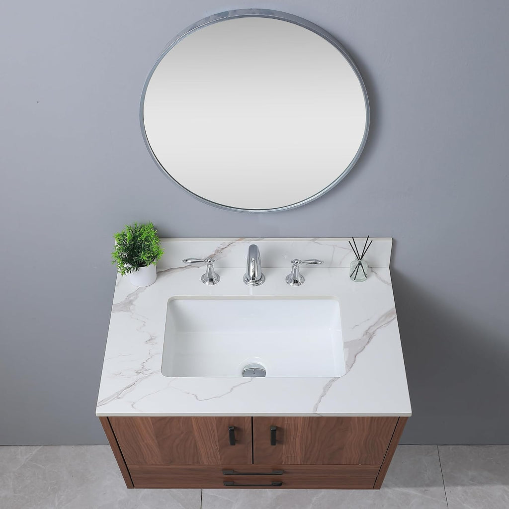 31 x 22 Inch Bathroom Vanity Top, Sintered Stone Top with Ceramic Sink, Three Hole Vanity Top With Undermount Rectangular Sink and 1 Backsplash (Carrara Gold, 3 Hole)