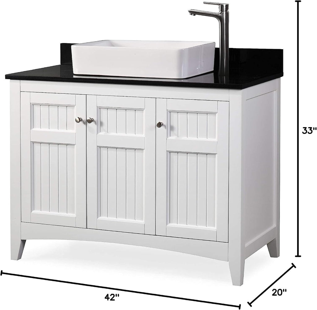 42' Triadsville White Vanity with Black Granite Top, Vessel Style Bathroom Sink, Soft-Closing Doors, Full Extension Drawer, Brushed Nickel Hardware