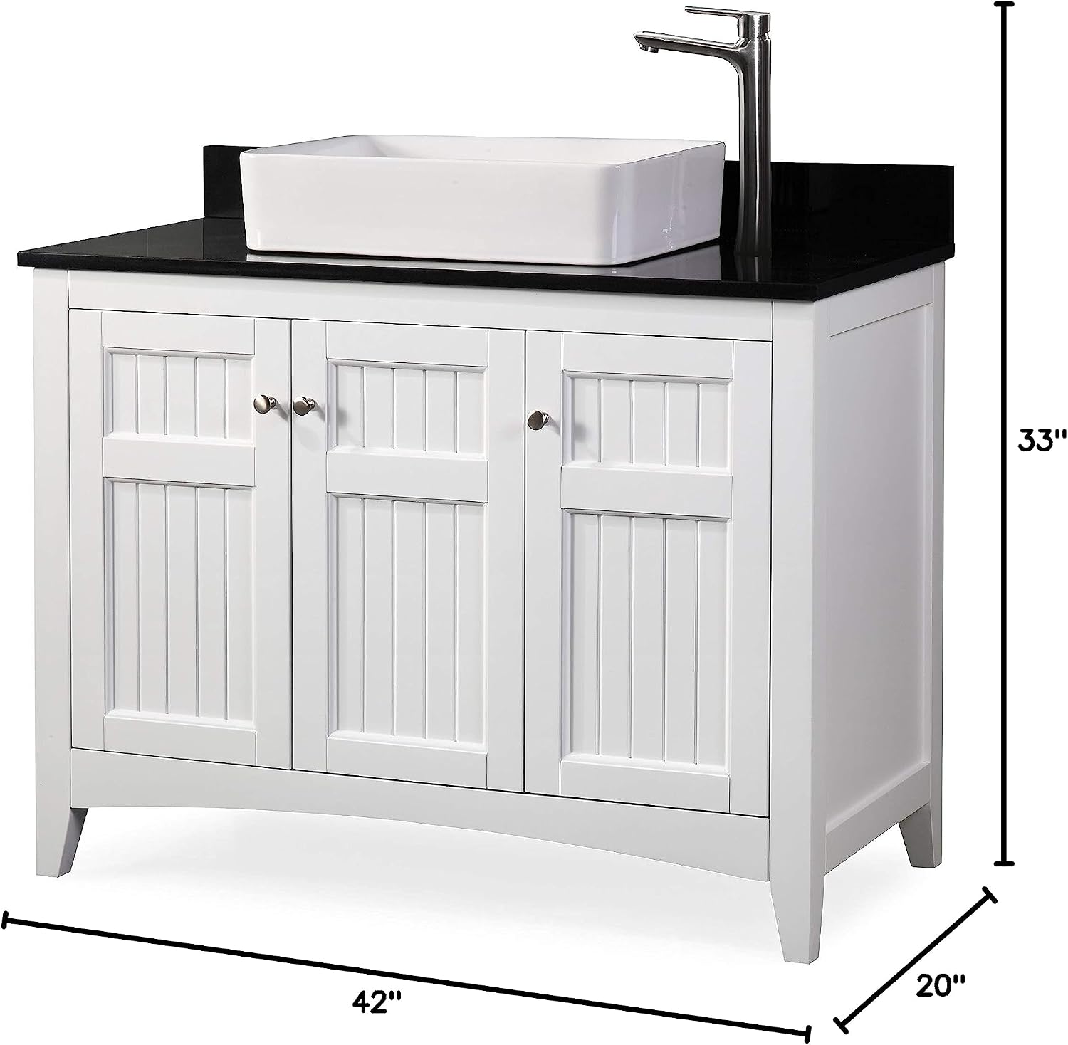 42' Triadsville White Vanity with Black Granite Top, Vessel Style Bathroom Sink, Soft-Closing Doors, Full Extension Drawer, Brushed Nickel Hardware