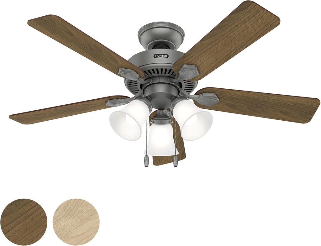 Hunter Fan 44 inch Matte Silver Indoor Ceiling Fan with Light and Pull Chain for Bedroom, Living Room, Office, Basement, Kitchen (Renewed), CC5C27C79