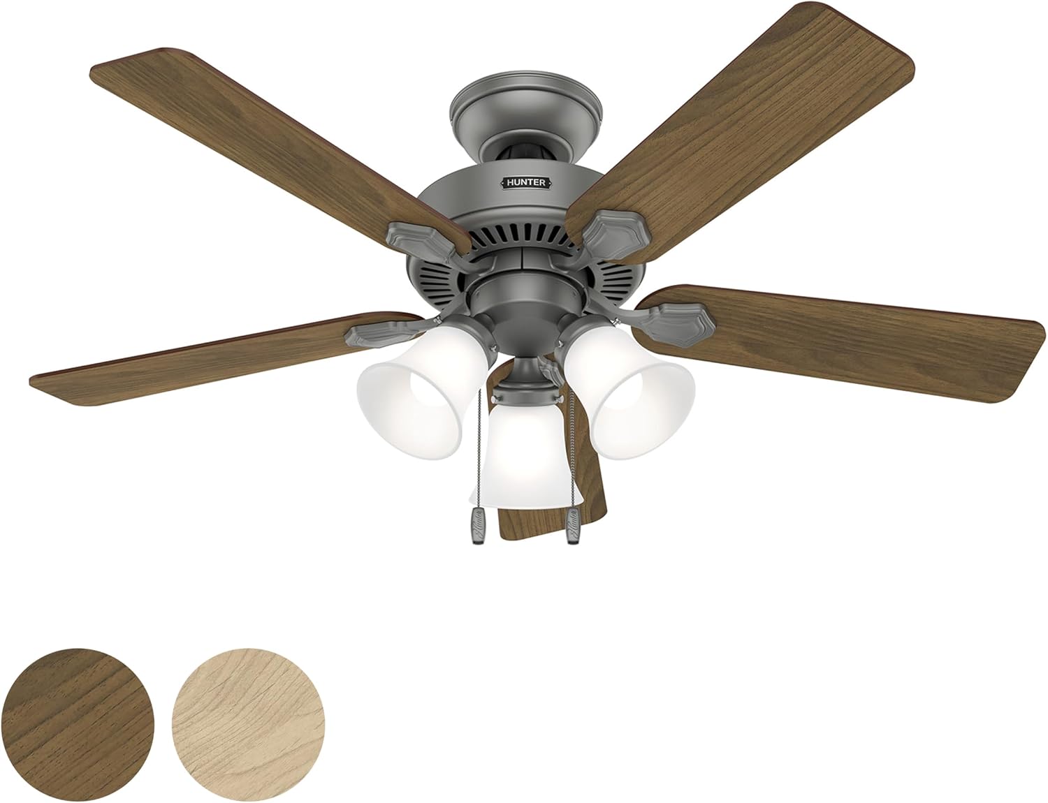 Hunter Fan 44 inch Matte Silver Indoor Ceiling Fan with Light and Pull Chain for Bedroom, Living Room, Office, Basement, Kitchen (Renewed), CC5C27C79