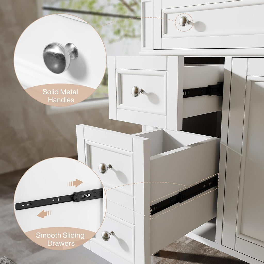 Tribesigns 30-Inch Bathroom Vanity with Sink, Modern Bathroom Sink Cabinet with 3 Drawers & 2 Doors, Bath Storage Vanity Sink with Metal Handles, Solid Wood Frame, Paint Surface White