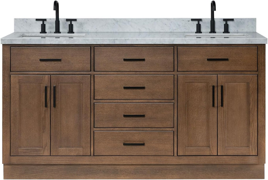 ARIEL Hepburn 66-inch Bathroom Vanity with Sink,Solid Wood, 1.5-inch Italian Carrara Marble Countertop, Double Rectangular Porcelain Sink, 4 Soft Closing Doors, 6 Dovetail Drawers, Brown Oak