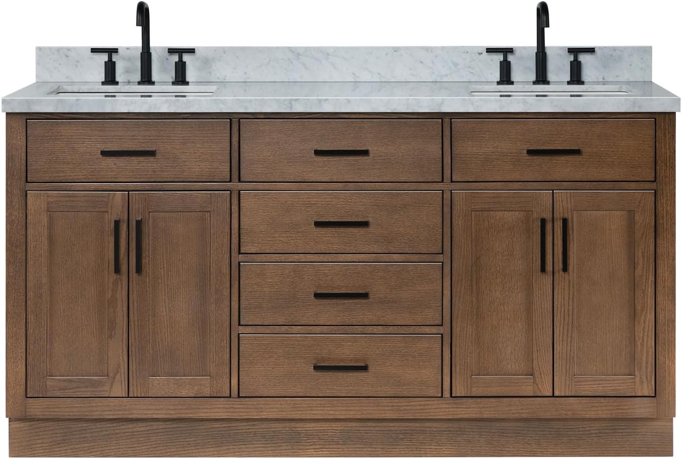 ARIEL Hepburn 66-inch Bathroom Vanity with Sink,Solid Wood, 1.5-inch Italian Carrara Marble Countertop, Double Rectangular Porcelain Sink, 4 Soft Closing Doors, 6 Dovetail Drawers, Brown Oak