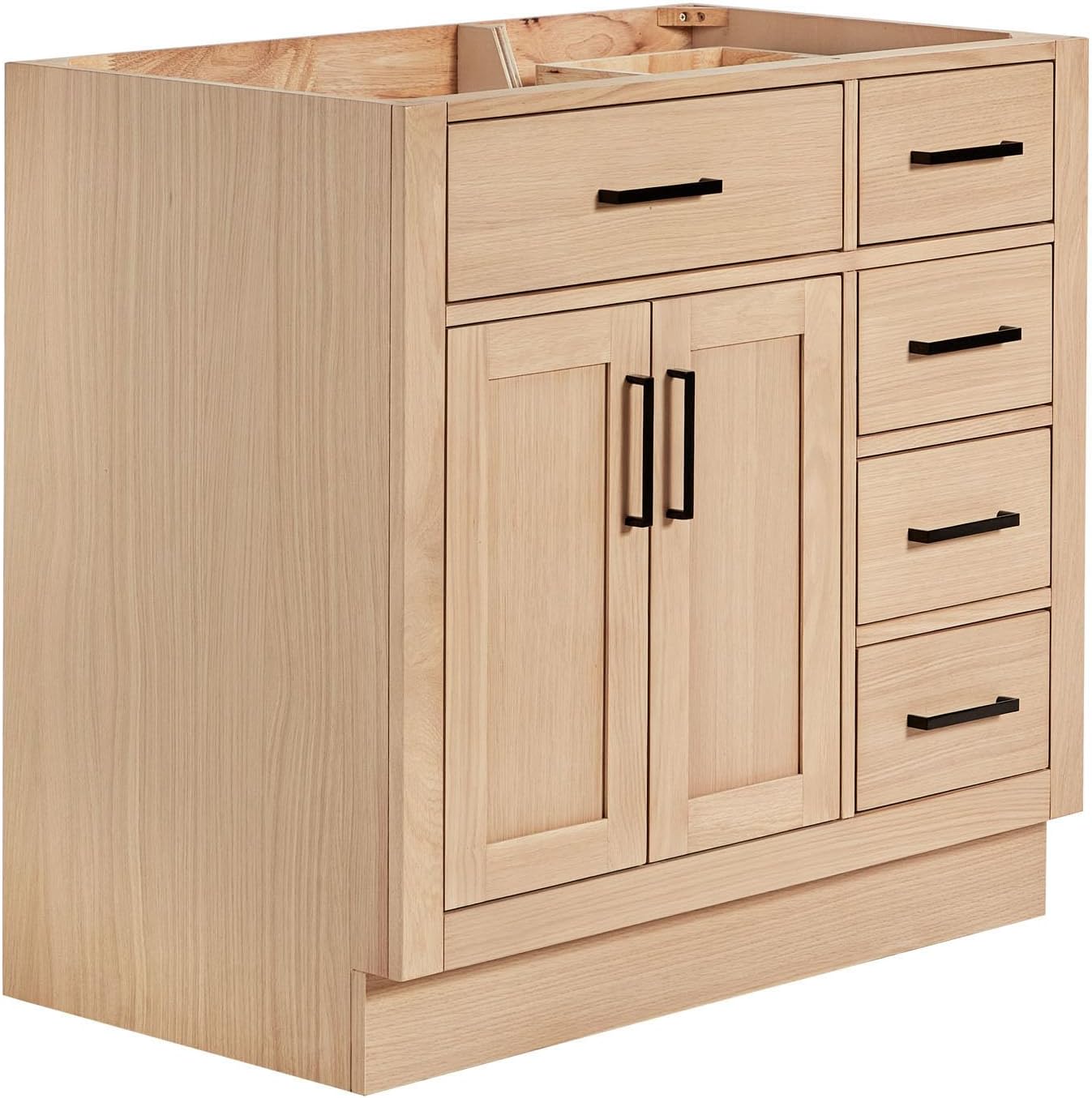 ARIEL Hepburn 36-inch Bathroom Vanity Base Cabinet,Solid Wood, 2 Soft Closing Doors, 5 Dovetail Drawers, White Oak