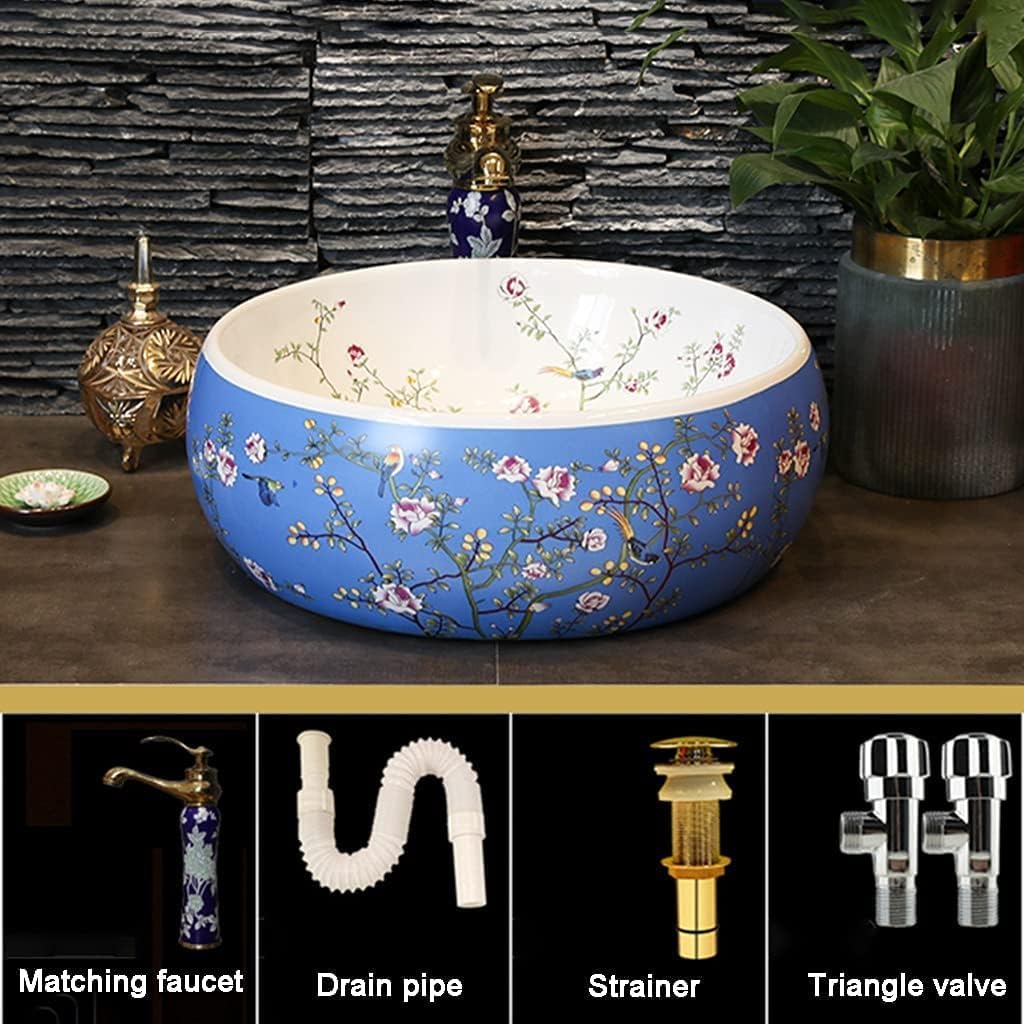 Bathroom Bar Vanity Vessel Sinks Above Counter Vanity Sink Tops Chinese Ceramic Lowes Bathroom Vanities Individual Flower and Bird Art Basin,42 * 15Cm,Blueset,42 * 15cm