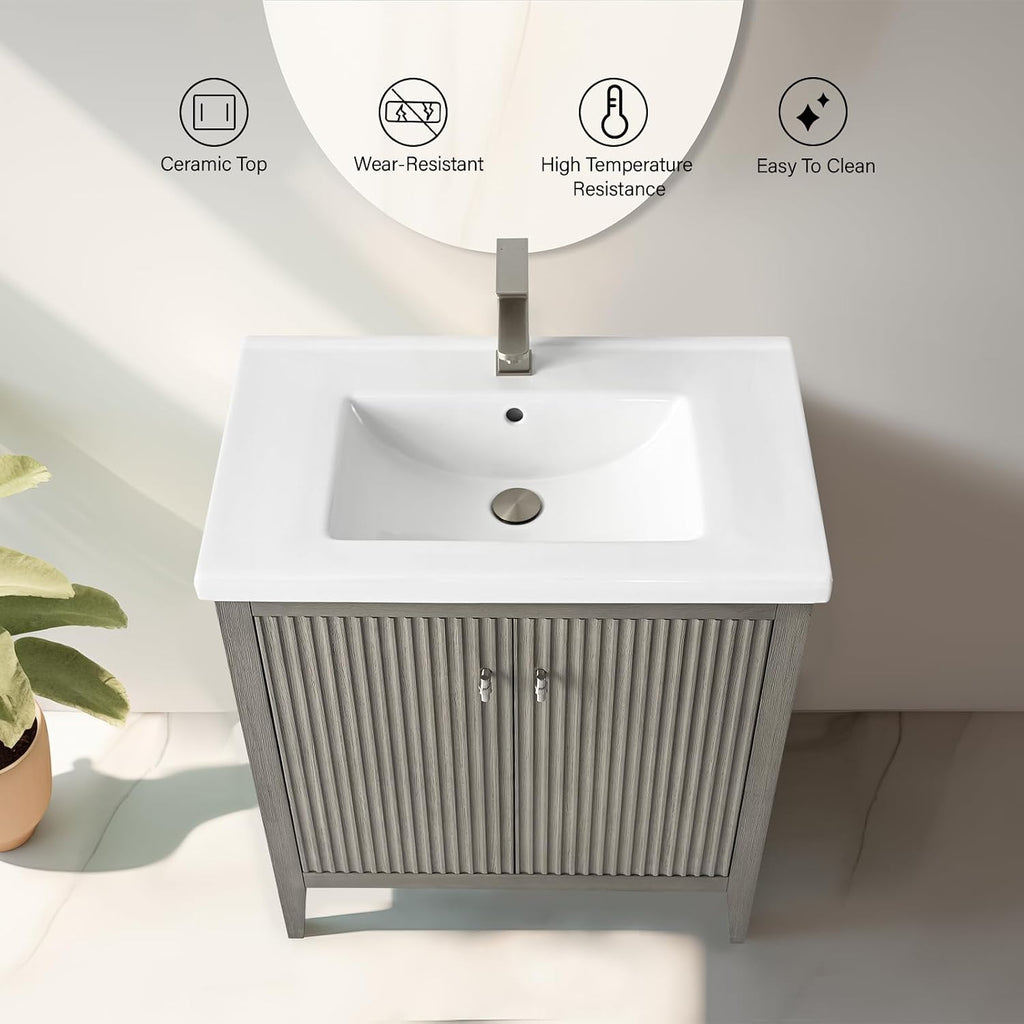 Vanity Art 30 inch Bathroom Vanity with Single Sink & Ceramic Top, Vanity Cabinet with Soft-Closing Door, Solid Wood Frame, Linear Pattern, Driftwood Gray, Golden Brushed Handware VA9130-DG-GB