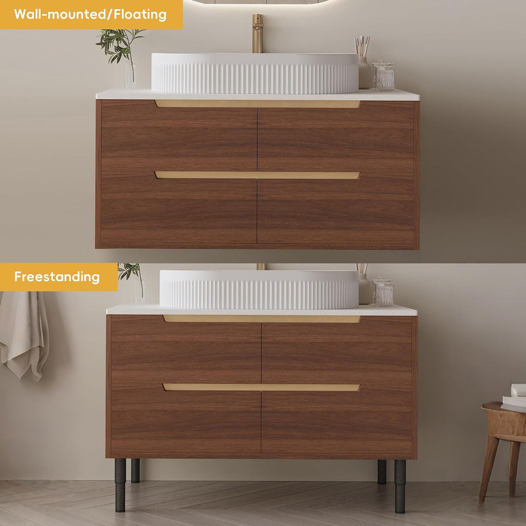 36' Bathroom Vanity with Above Oval Sink Set, Modern Walnut 2-in-1 Wall Mounted & Freestanding Bathroom Vanity Cabinet with Sintered Stone top&4 Storage Drawers, Bathroom Single Sink Cabinet