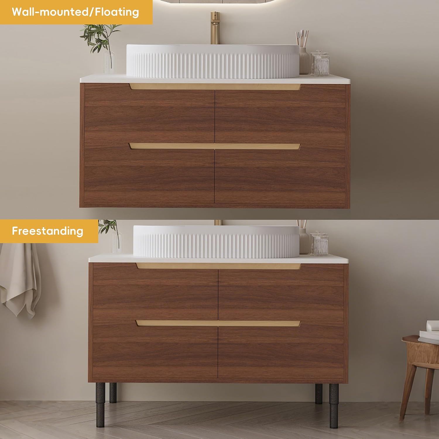 36' Bathroom Vanity with Above Oval Sink Set, Modern Walnut 2-in-1 Wall Mounted & Freestanding Bathroom Vanity Cabinet with Sintered Stone top&4 Storage Drawers, Bathroom Single Sink Cabinet