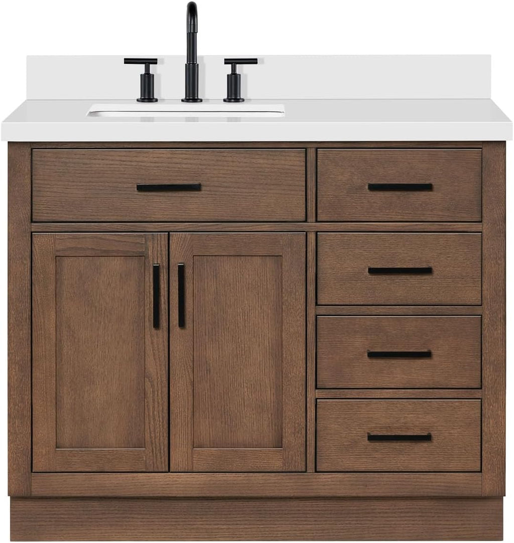 DKB Isabella 42-Inch Brown Oak Single Bathroom Vanity with Sink, 1.5-Inch Edge Pure White Quartz Countertop & 4' Backsplash, Soft-Closing Doors & Drawers, Solid Oak Wood Construction