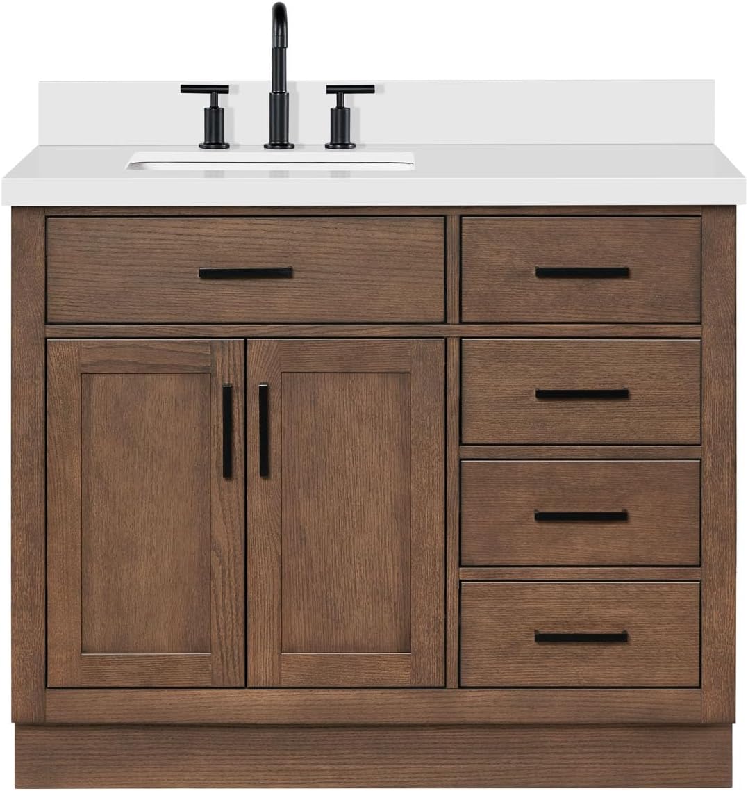 DKB Isabella 42-Inch Brown Oak Single Bathroom Vanity with Sink, 1.5-Inch Edge Pure White Quartz Countertop & 4' Backsplash, Soft-Closing Doors & Drawers, Solid Oak Wood Construction