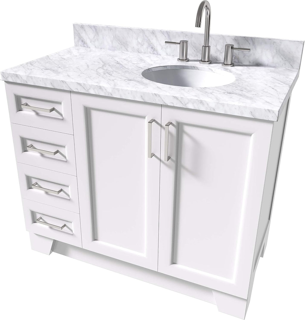 ARIEL Taylor 42-inch Bathroom Vanity with Sink,Solid Wood, 1.5-inch Italian Carrara Marble Countertop & Backsplash, Single Oval Porcelain Sink, 2 Soft Closing Doors, 5 Dovetail Drawers, White