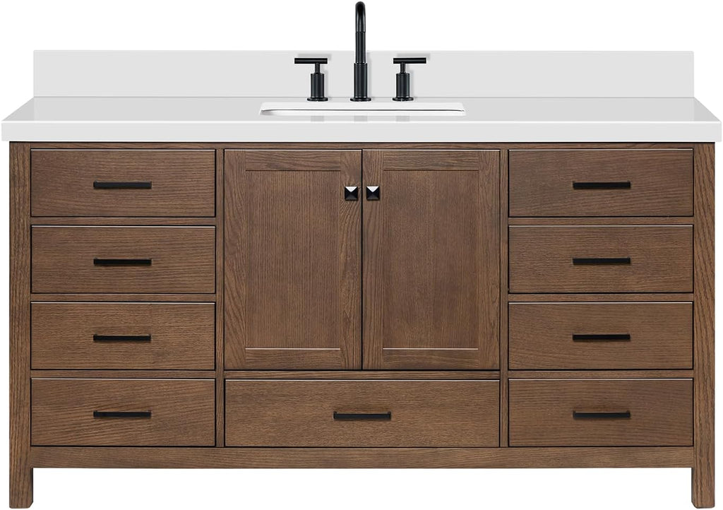 ARIEL Cambridge 66-inch Bathroom Vanity with Sink,Solid Wood, 1.5-inch Pure White Quartz Countertop, Single Rectangular Porcelain Sink, 2 Soft Closing Doors, 9 Dovetail Drawers, Brown Oak
