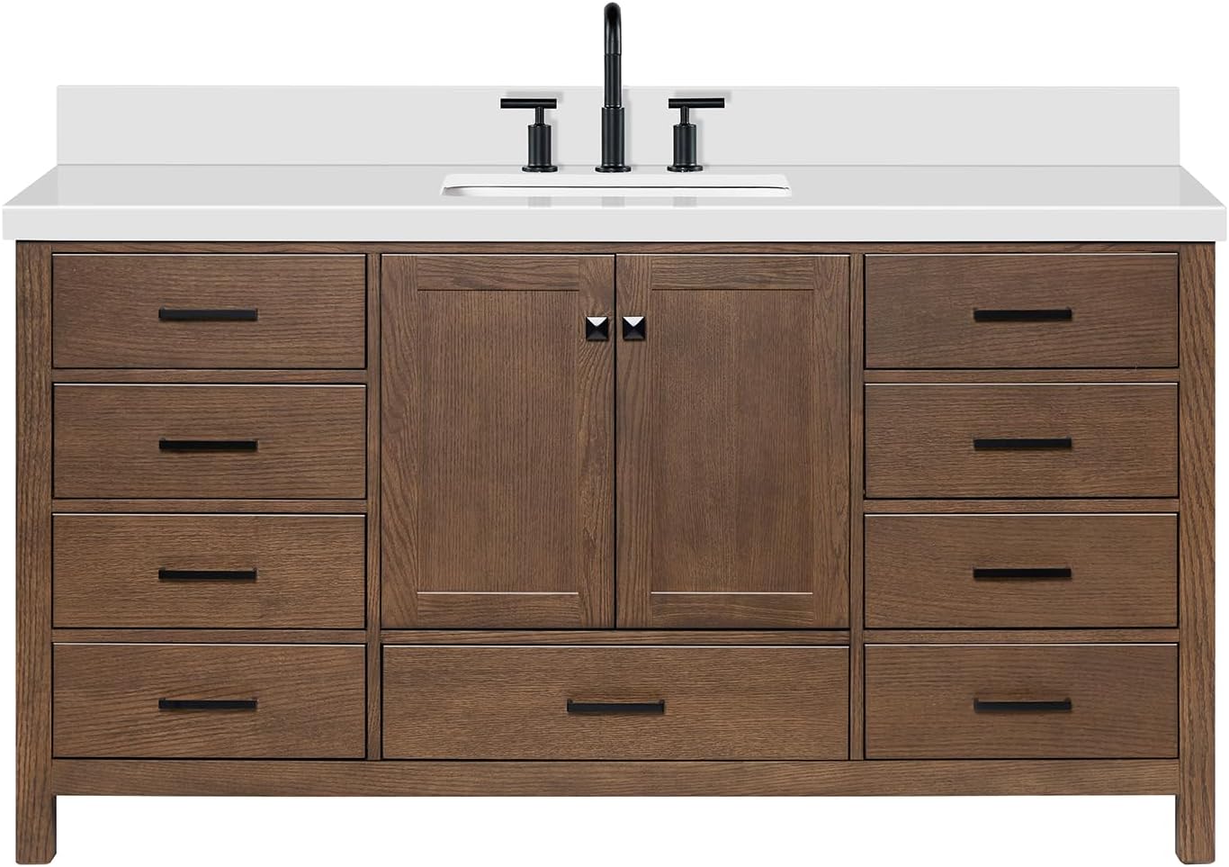 ARIEL Cambridge 66-inch Bathroom Vanity with Sink,Solid Wood, 1.5-inch Pure White Quartz Countertop, Single Rectangular Porcelain Sink, 2 Soft Closing Doors, 9 Dovetail Drawers, Brown Oak