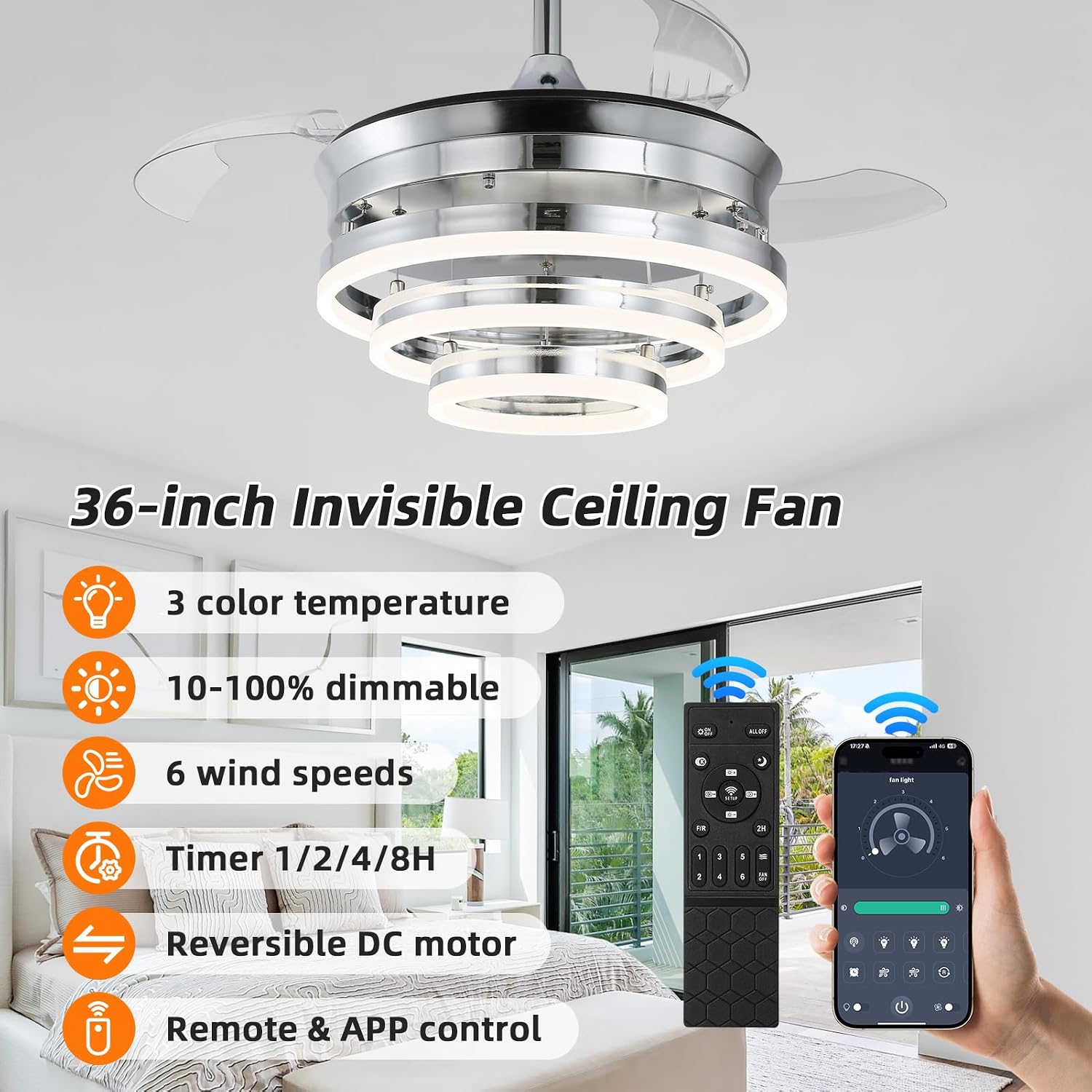 36 Inch Retractable Ceiling Fan with Lights,Dimmable,6 speeds,DC Motor,Modern DIY Ceiling Fan with Lights Remote Control for Bedroom Living Room Kitchen (Silver, 36 inch)
