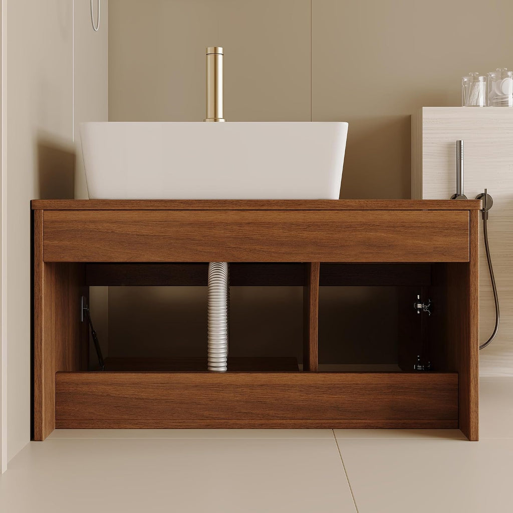 32' Floating Bathroom Vanity with Single Sink, Modern Wall Mounted Bathroom Vanities with Above Ceramic Basin, Wood Bathroom Vanity Cabinet with 1 Drawers and 2 Storage Cabinets, Walnut