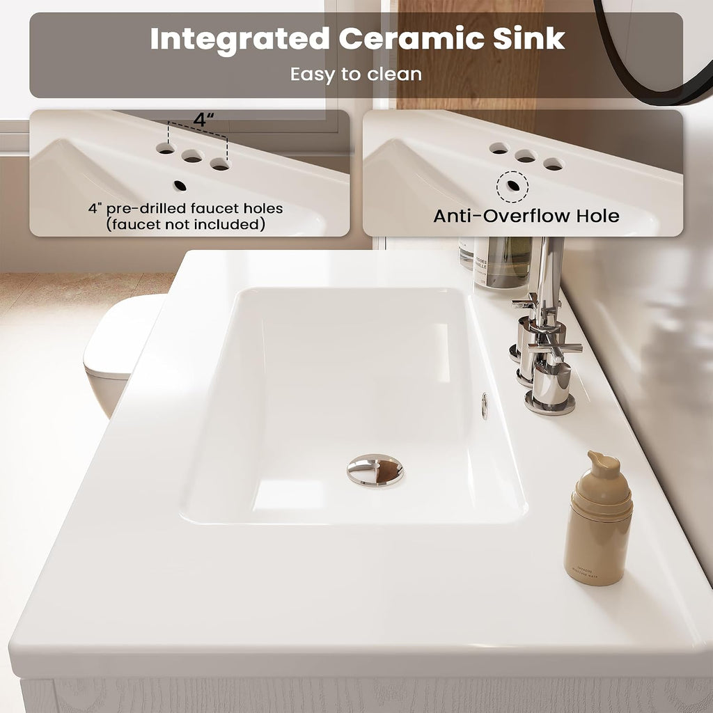 ModernMate 30 Inch Bathroom Vanity with Sink Easy-to-Install Farmhouse Bathroom Sink 2-Tier Storage Areas with Adjustable Shelves 4-Tier Storage Compartments Tip-Out Drawer 2 Hooks Solid Wood Legs