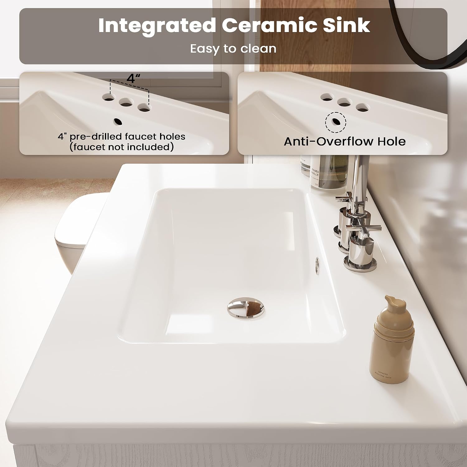 ModernMate 30 Inch Bathroom Vanity with Sink Easy-to-Install Farmhouse Bathroom Sink 2-Tier Storage Areas with Adjustable Shelves 4-Tier Storage Compartments Tip-Out Drawer 2 Hooks Solid Wood Legs