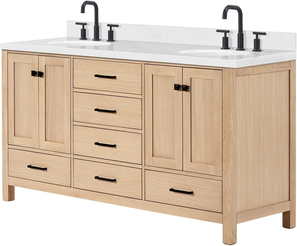 ARIEL Cambridge 66-inch Bathroom Vanity with Sink,Solid Wood, 1.5-inch Carrara White Quartz Countertop & Backsplash, Double Oval Porcelain Sink, 4 Soft Closing Doors, 6 Dovetail Drawers, White Oak