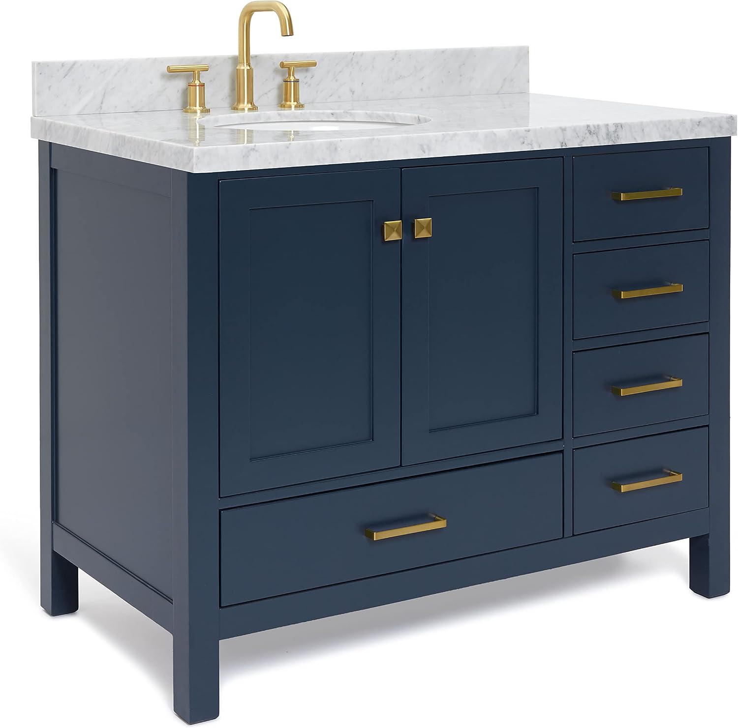 ARIEL Cambridge 42-inch Bathroom Vanity with Sink,Solid Wood, 1.5-inch Italian Carrara Marble Countertop, Single Oval Porcelain Sink, 2 Soft Closing Doors, 5 Dovetail Drawers, Midnight Blue