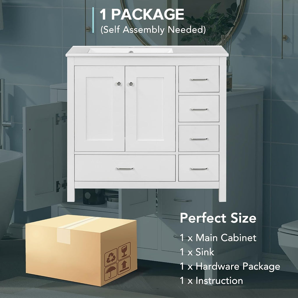 Harper & Bright Designs 36' Bathroom Vanity with Sink, Free Standing Single Basin Vanity Set with Two Doors and 5 Drawers, Solid Wood Bathroom Cabinet with Ceramic Basin for Bathroom, White