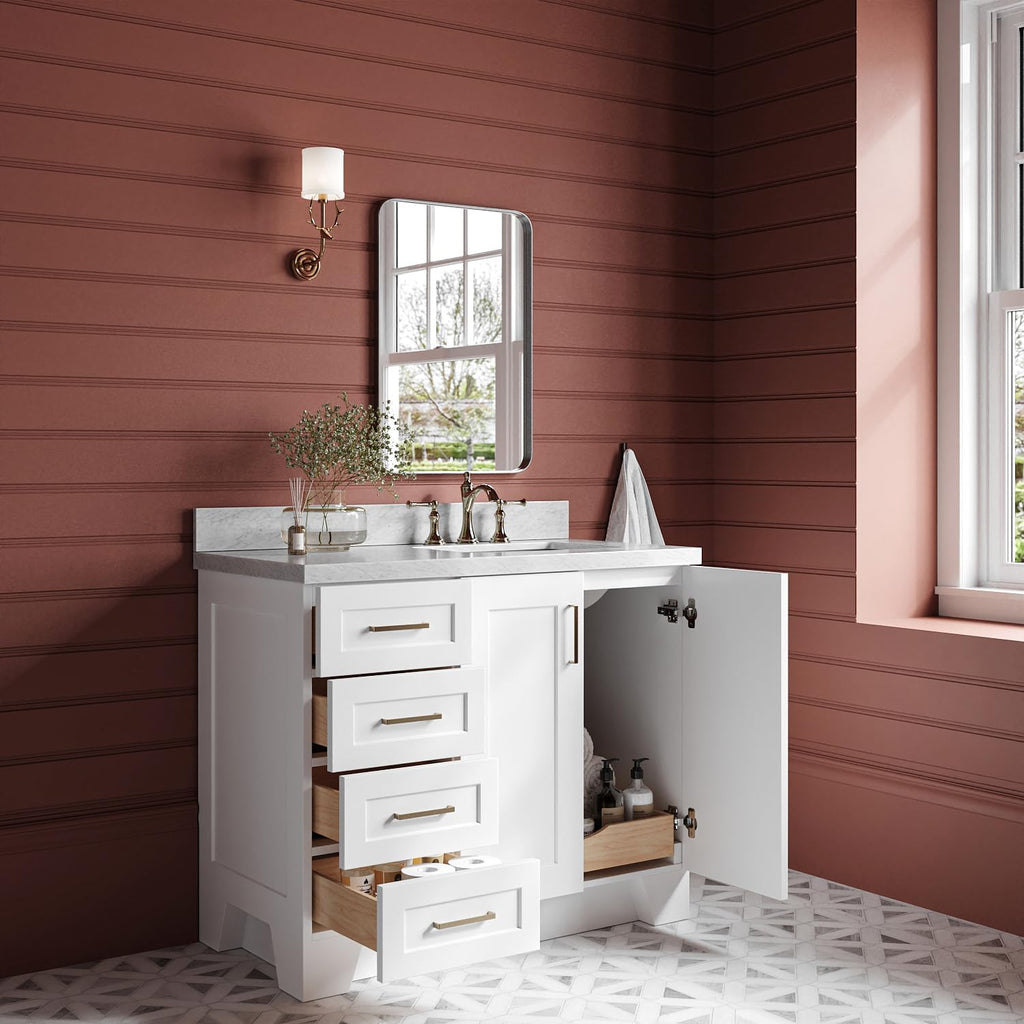 ARIEL Taylor 42-inch Bathroom Vanity with Sink,Solid Wood, 1.5-inch Italian Carrara Marble Countertop, Single Rectangular Porcelain Sink, 2 Soft Closing Doors, 5 Dovetail Drawers, White