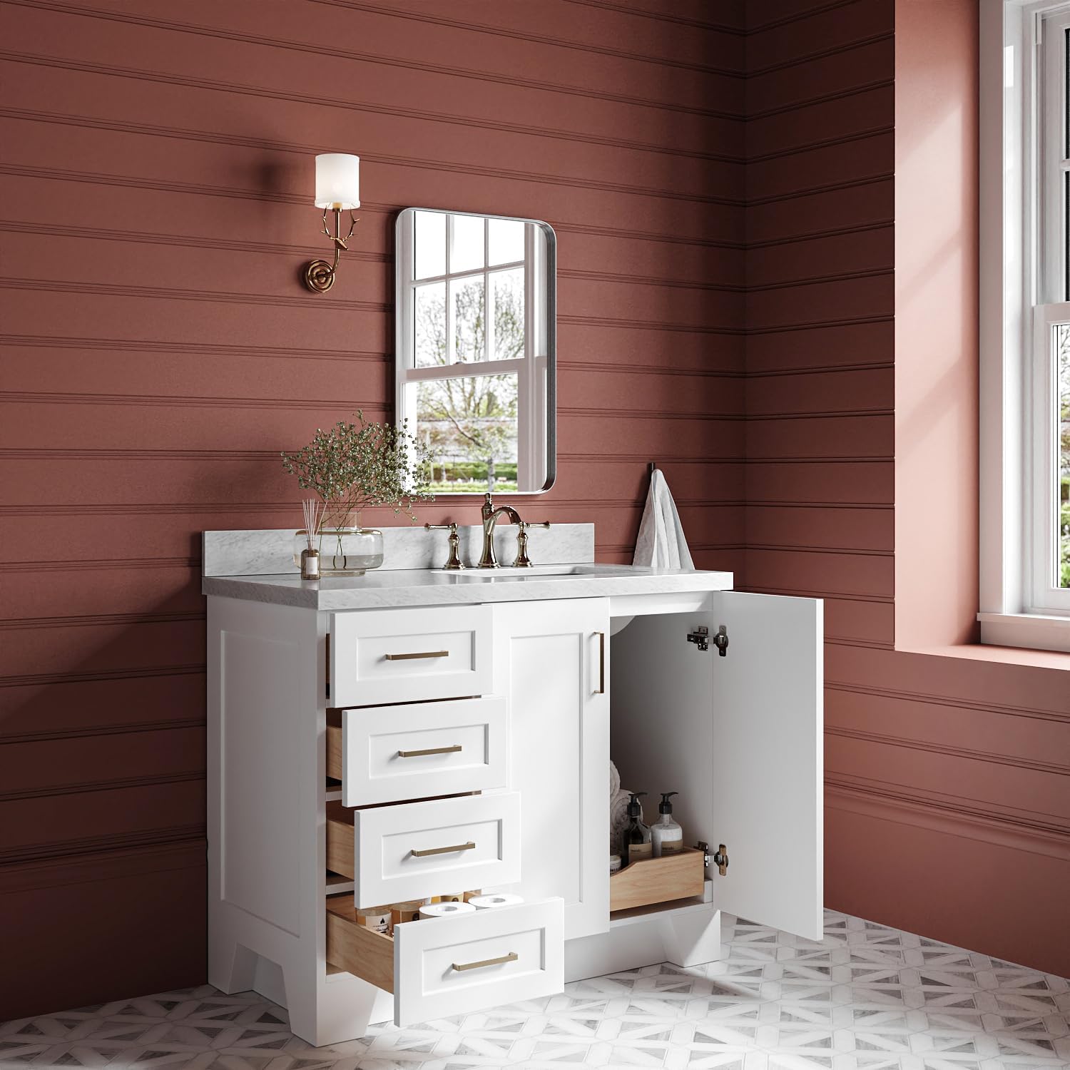 ARIEL Taylor 42-inch Bathroom Vanity with Sink,Solid Wood, 1.5-inch Italian Carrara Marble Countertop, Single Rectangular Porcelain Sink, 2 Soft Closing Doors, 5 Dovetail Drawers, White