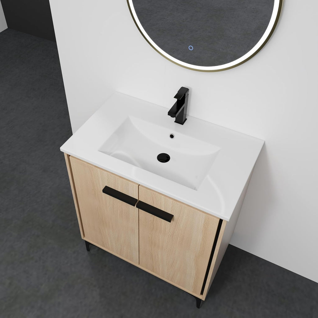 30 Inch Bathroom Vanity with Sink, Freestanding Single Sink Bathroom Vanity with Soft Closed Doors, Integrated Sink, Engineered Wood Bathroom Sink Vanity (Oak)