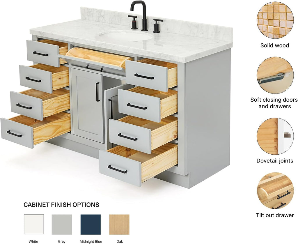 ARIEL Hepburn 54-inch Bathroom Vanity with Sink,Solid Wood, 1.5-inch Italian Carrara Marble Countertop & Backsplash, Single Oval Porcelain Sink, 2 Soft Closing Doors, 9 Dovetail Drawers, Grey