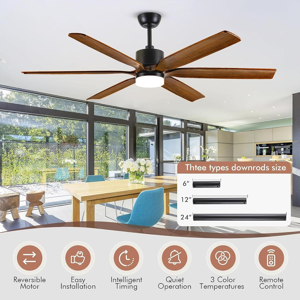 72 Inch Large Ceiling Fans with Lights and Remote, Indoor Outdoor Ceiling Fan for patios, 6 Blades Modern Farmhouse Wood Ceiling Fan with High CFM, 5 CCT Dimmable, Quiet Energy Efficient DC Motor