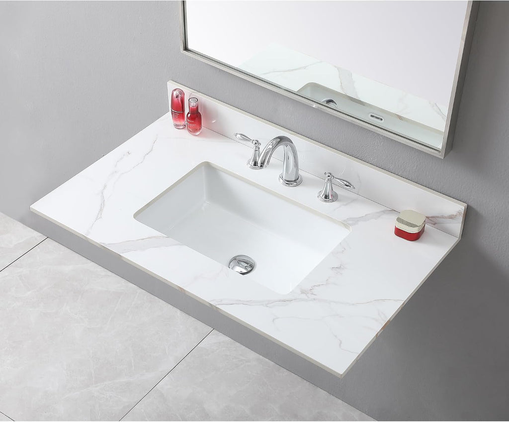 37 Inch Bathroom Vanity Top with Undermounted Large Ceramic Sink & Backsplash, Sintered Stone Artificial Marble Vanity Sink Tops with 3 hole, Carrara Gold