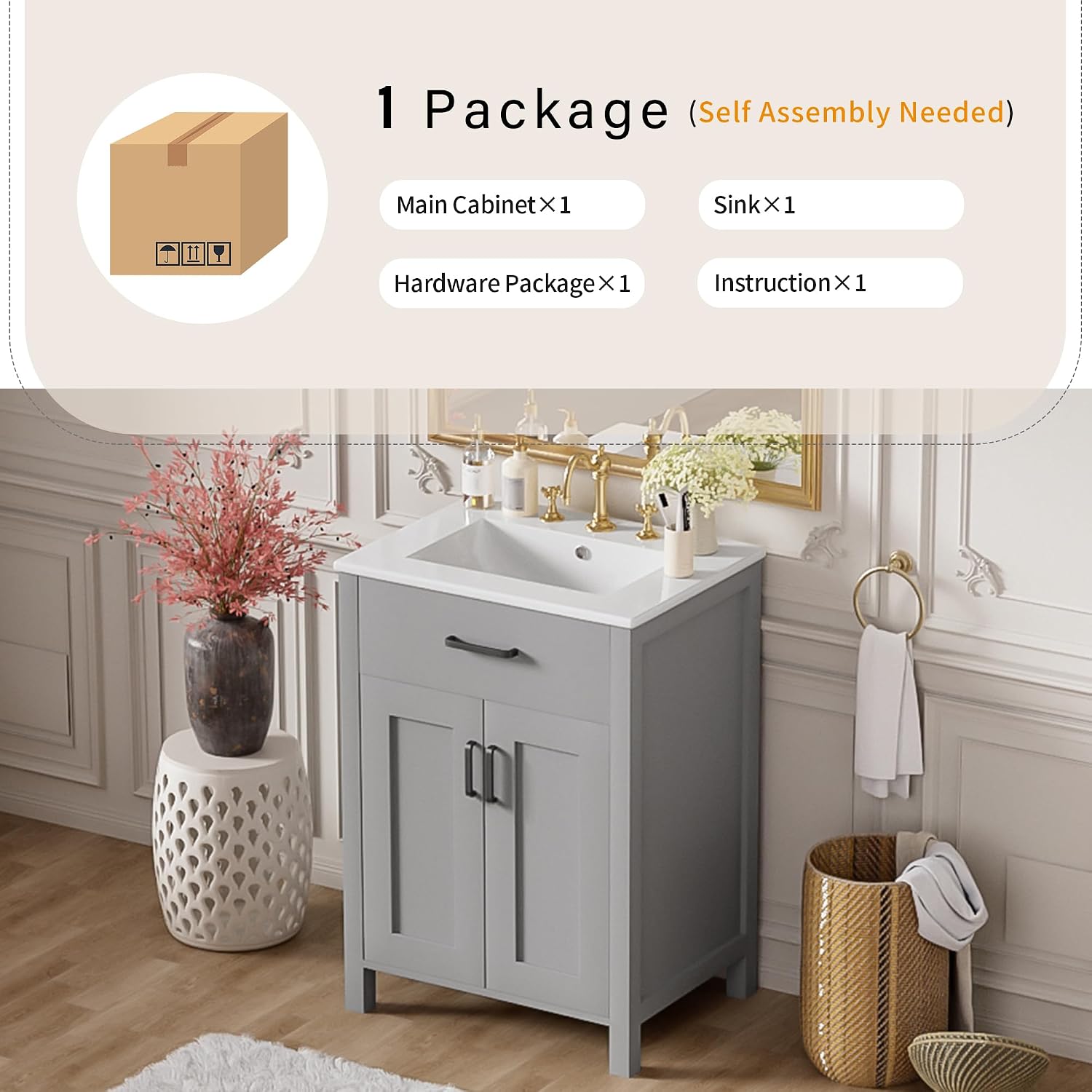 Harper & Bright Designs 24' Bathroom Vanity with Sink, Free Standing Single Basin Vanity Set with 2 Soft-Close Doors and Drawer, Modern Wooden Storage Cabinet with Ceramic Basin for Bathroom, Grey