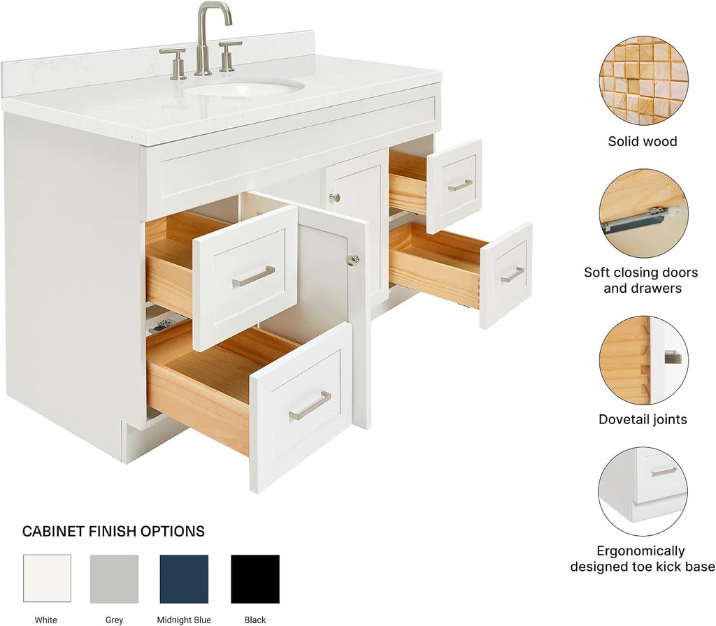 ARIEL Hamlet 60-inch Bathroom Vanity with Sink,Solid Wood, 1.5-inch Carrara White Quartz Countertop & Backsplash, Single Oval Porcelain Sink, 2 Soft Closing Doors, 4 Dovetail Drawers, White