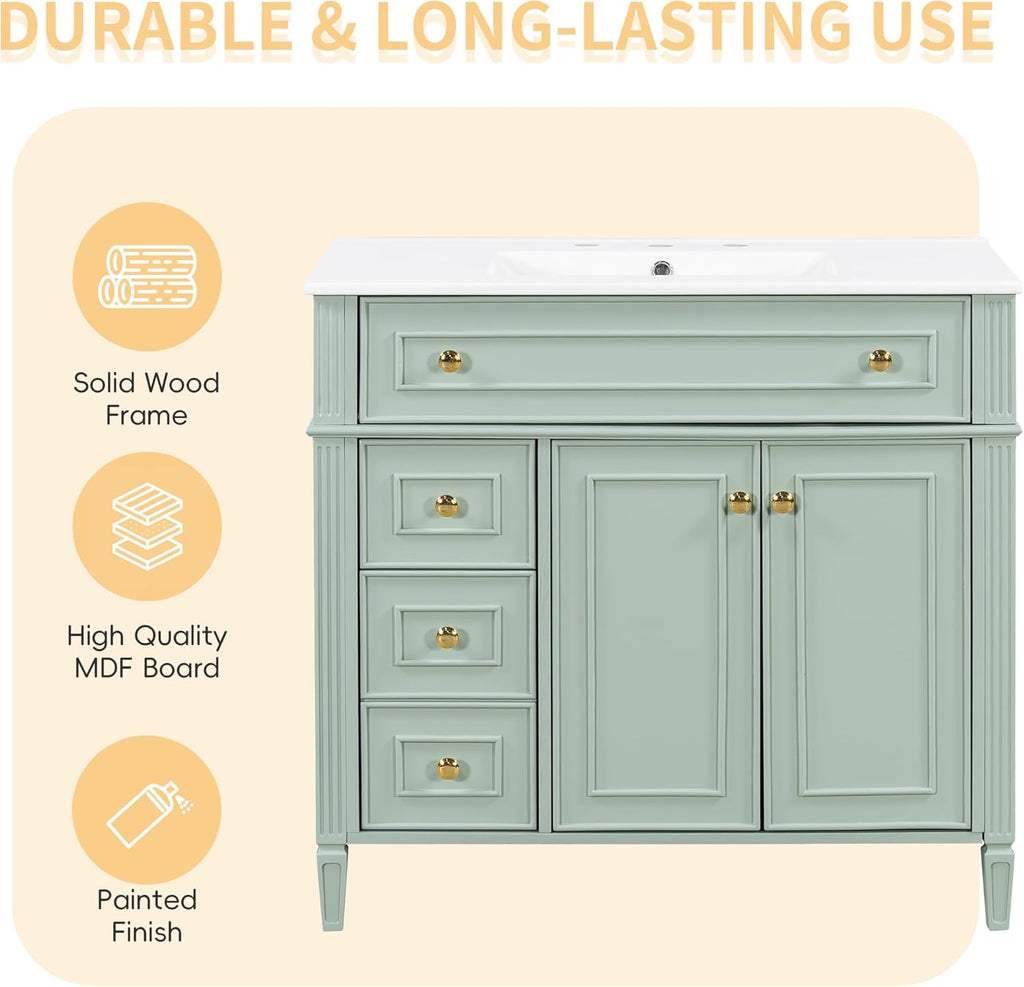 36' Bathroom Vanity Cabinet with Ceramic Countertop Sink Combo Set, Solid Wood Frame, Tilt-Out Drawers and Left Side Drawers, Soft Closing Door Hinges, Green