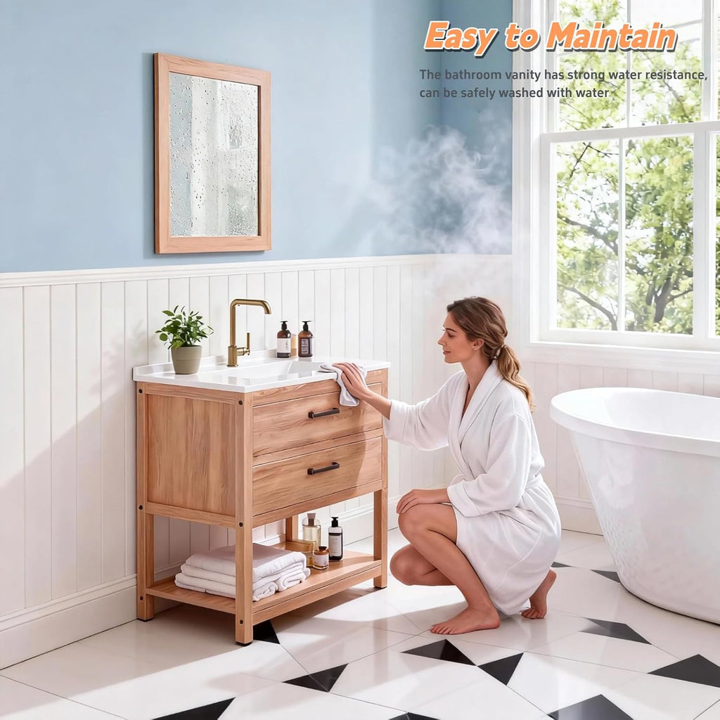 30 Inch Poly Lumber Bathroom Vanity with Sink Combo, Waterproof Freestanding Cabinet, SMC Resin Countertop with 2 Drawers & Open Storage Shelf, Adjustable Feet, Zinc-Alloy Handles, Teak Color