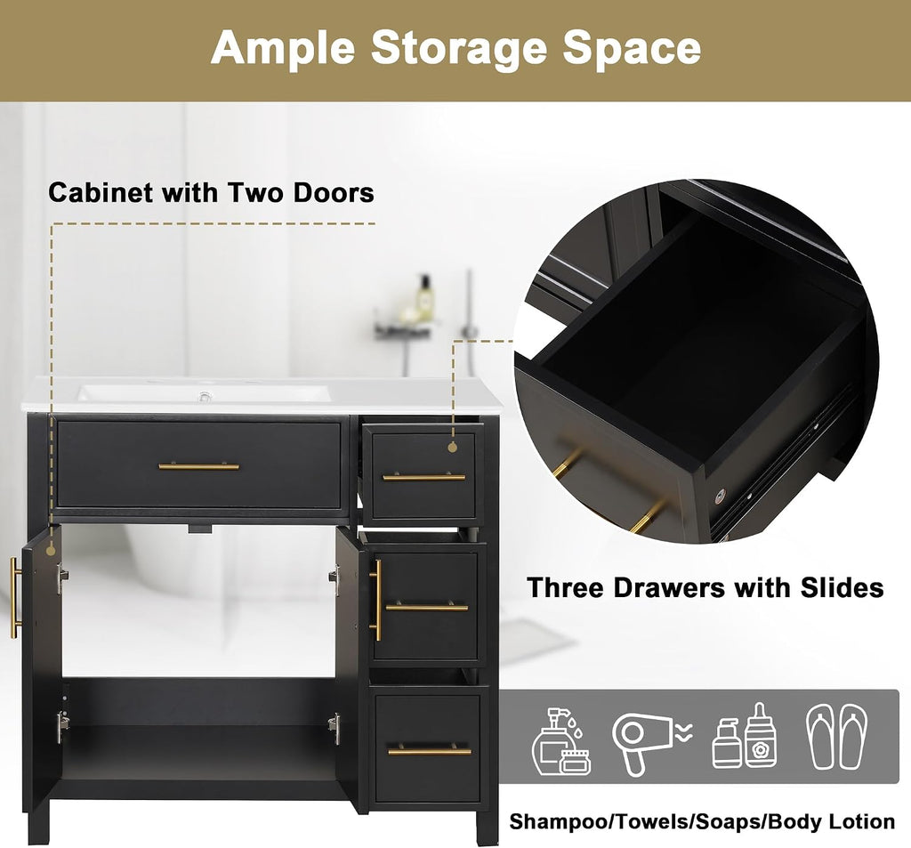 Favfurish 36' Bathroom Vanity with Sink Top and 2 Doors,Water-Resistant Wood Cabinet Vanities w/ 3 Drawers & Chrome-Finish Overflow,Pre-driled Three Faucet Holes,Multi-Functional Storger Space,Black