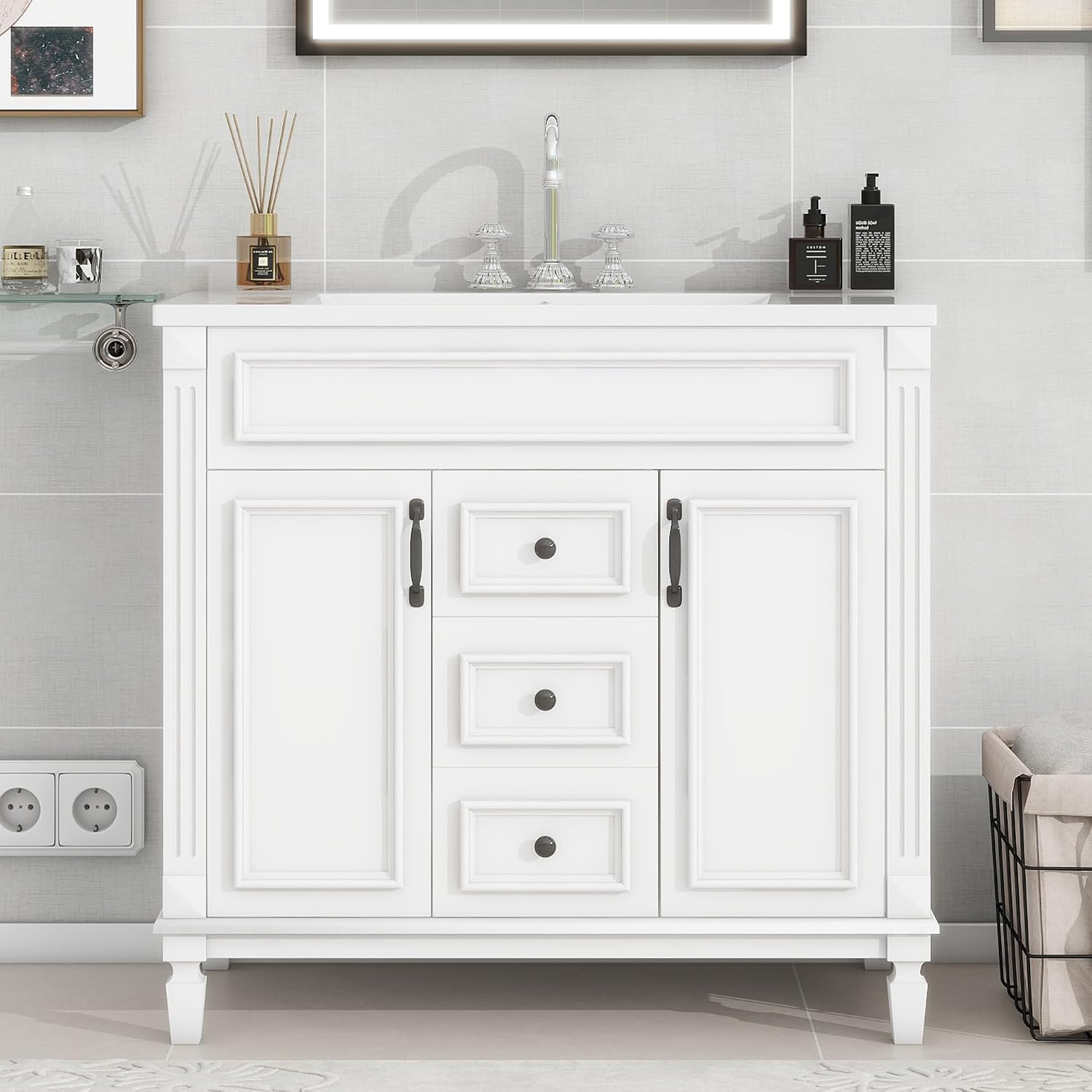 Linique 36' Bathroom Vanity with Top Sink,Bathroom Storage Cabinet with 2 Soft Closing Doors and 2 Storage Drawers,Modern Single Sink Bathroom Vanity(White)