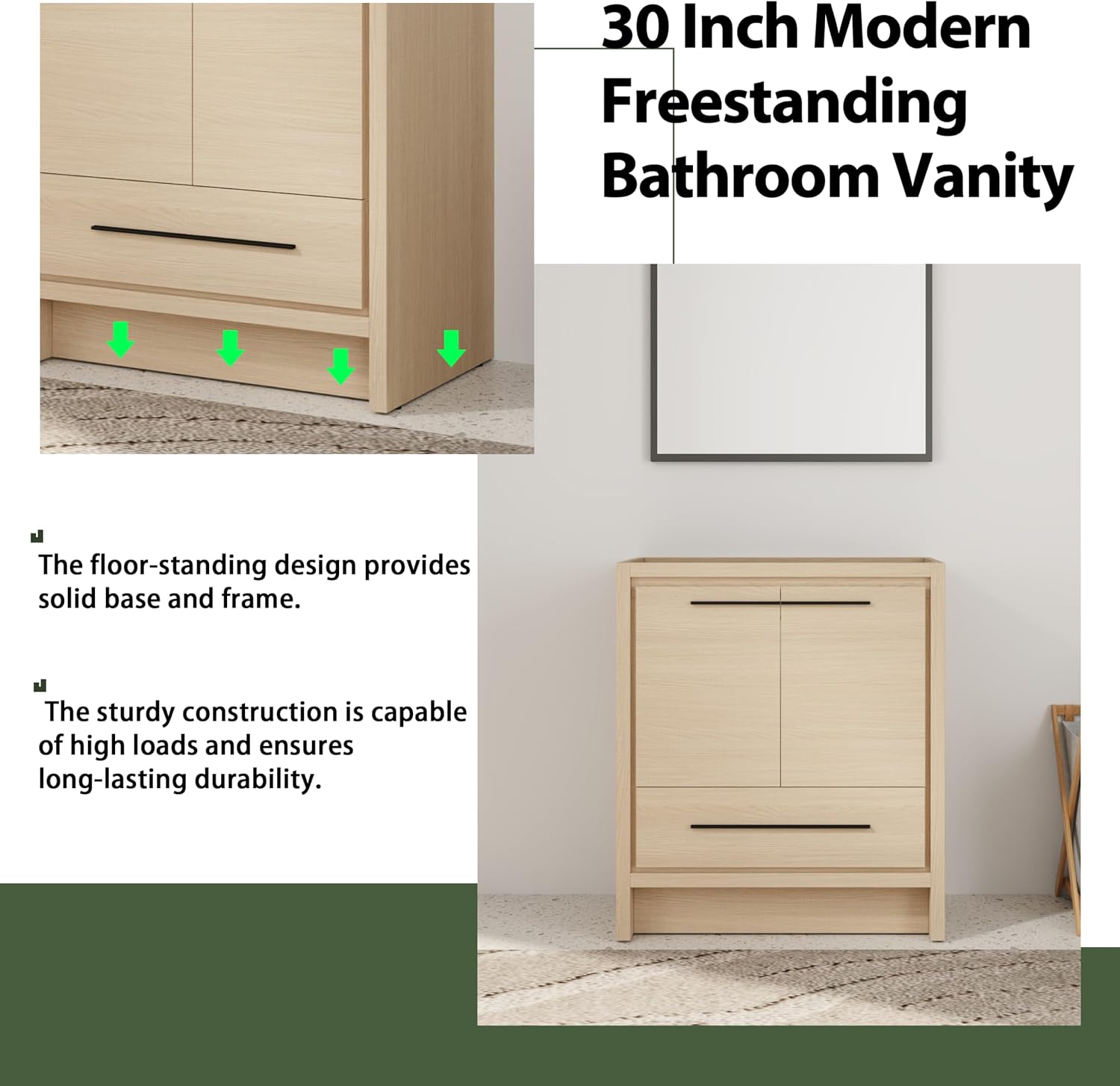 30 Inch Bathroom Vanity Without Sink, 30' Freestanding Vanity Without Sink Top, Sturdy Plywood Wooden Cabinet and 1 Drawer with Stainless Steel Slide Rails, Modern Floor-Standing Cabinet