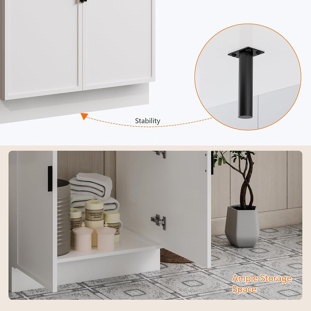 30 Inch White Bathroom Vanity with Ceramic Sink, Modern Freestanding Bathroom Cabinet with Soft-Close Doors & Storage, Moisture-Resistant Paint Surface, Single Sink Vanity for Small Bathroom