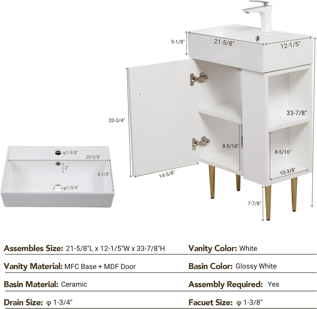 21.6 Inch Bathroom Vanity with Sink, Vanities with Square Ceramic Sink Top and Right Side Storage, Combo Stand Storage Cabinet Set for Small Bathroom (White)