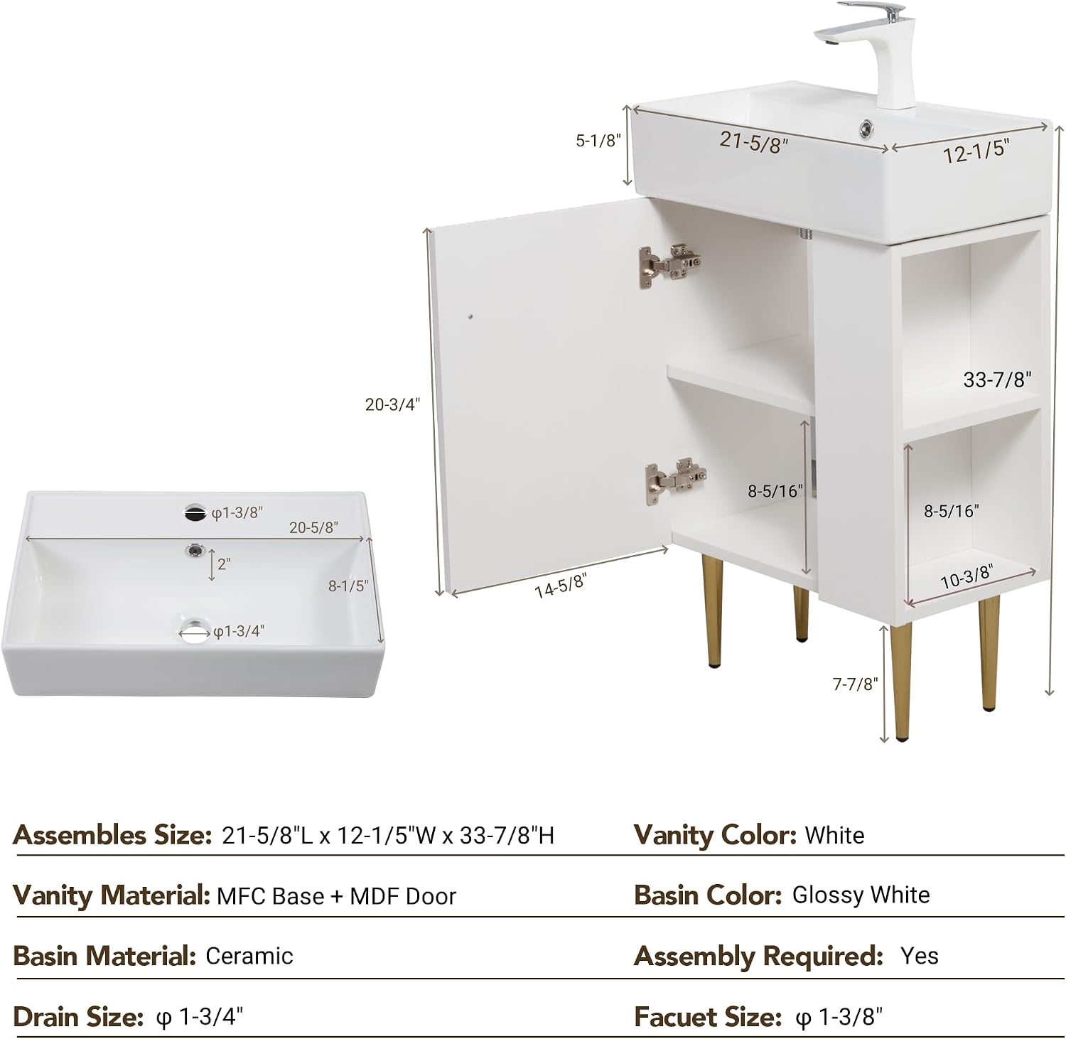 21.6 Inch Bathroom Vanity with Sink, Vanities with Square Ceramic Sink Top and Right Side Storage, Combo Stand Storage Cabinet Set for Small Bathroom (White)