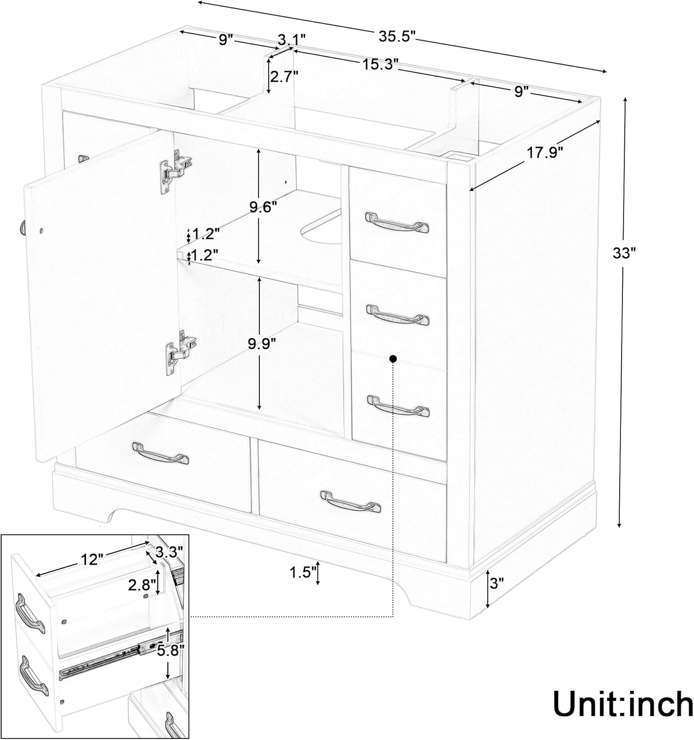 Favfurish 36' Bathroom Vanity Without Top Sink,6-Drawer Freestanding Cabinet Base with Multi-Functional Divider & Adjustable Shelf,Solid Wood MDF Vanity Only, Water Resistant,Grey