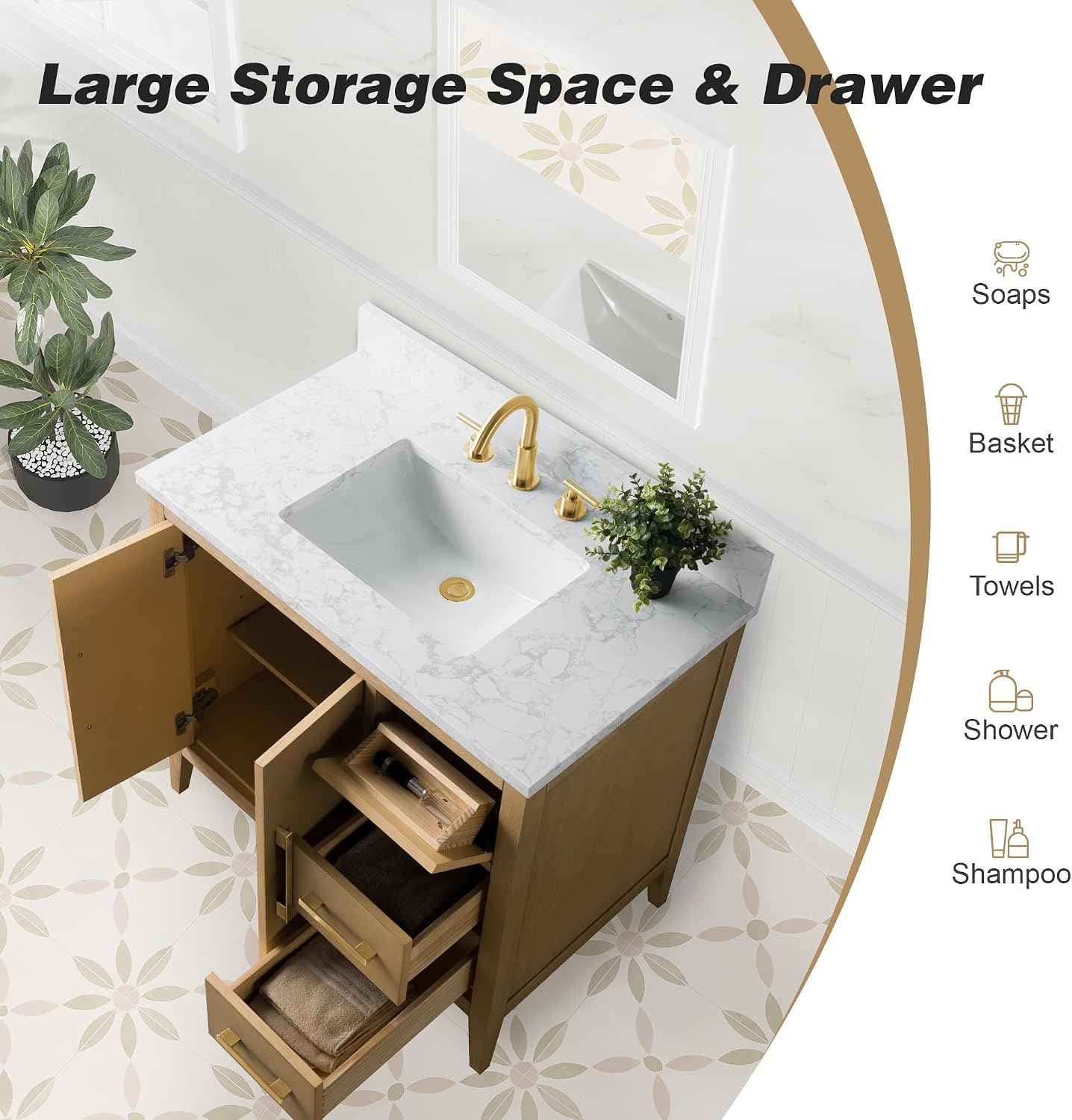 HOMEBEYOND 36 Inch Bathroom Vanities with Sink & Ceramic Top, Single Vanity Cabinet with Basin, Solid Wood Frame, Soft-Closing Doors & Golden Brushed Hardware, Natural Oak