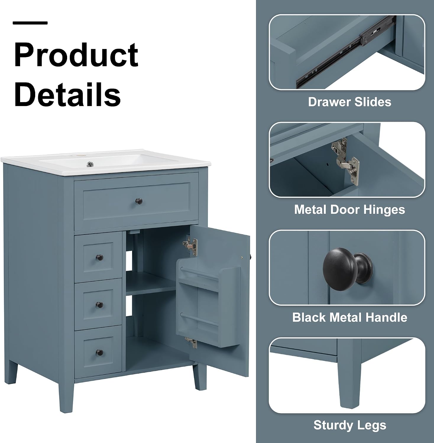 24' Bathroom Vanities Sink Set, Cabinet with Multi-Functional Tip-Out Drawer and Adjustable Shelf, Soft-Closing Door, Solid Wood Legs, Gray Blue
