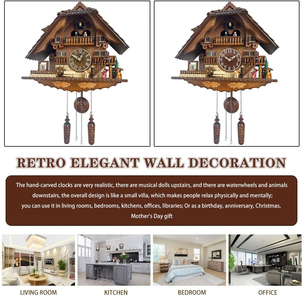Cuckoo Clocks Exquisite Hand-Carved Cuckoo Clock, Living Room Wall Clock with Pendulum, Quartz Movement Wooden Wall Clock, Roman Dial/Arabic Dial (Color : Brown, Size : Arabic Dial)